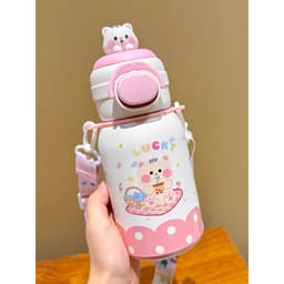Bình giữ nhiệt đi học lõi inox dung tích 500ml hoạ tiết hoạt hình dễ thương có ống hút và quai dây đeo chéo tiện lợi 1