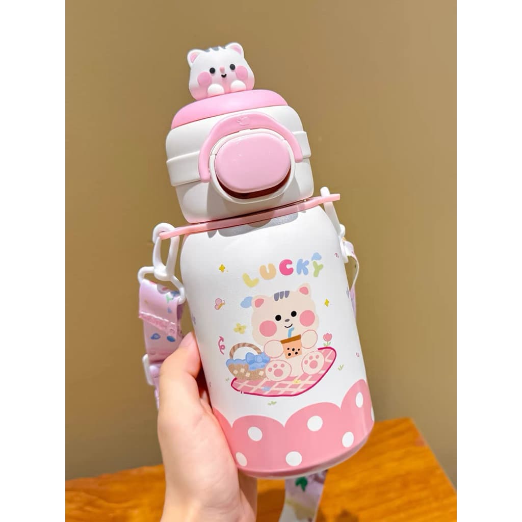 Bình giữ nhiệt đi học lõi inox dung tích 500ml hoạ tiết hoạt hình dễ thương có ống hút và quai dây đeo chéo tiện lợi