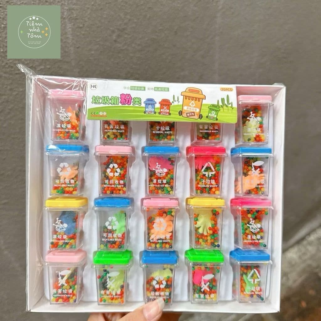 Khay 20 lọ hạt nở hình Thùng rác kèm con vật nở được siêu nhiều hạt nở đồ chơi