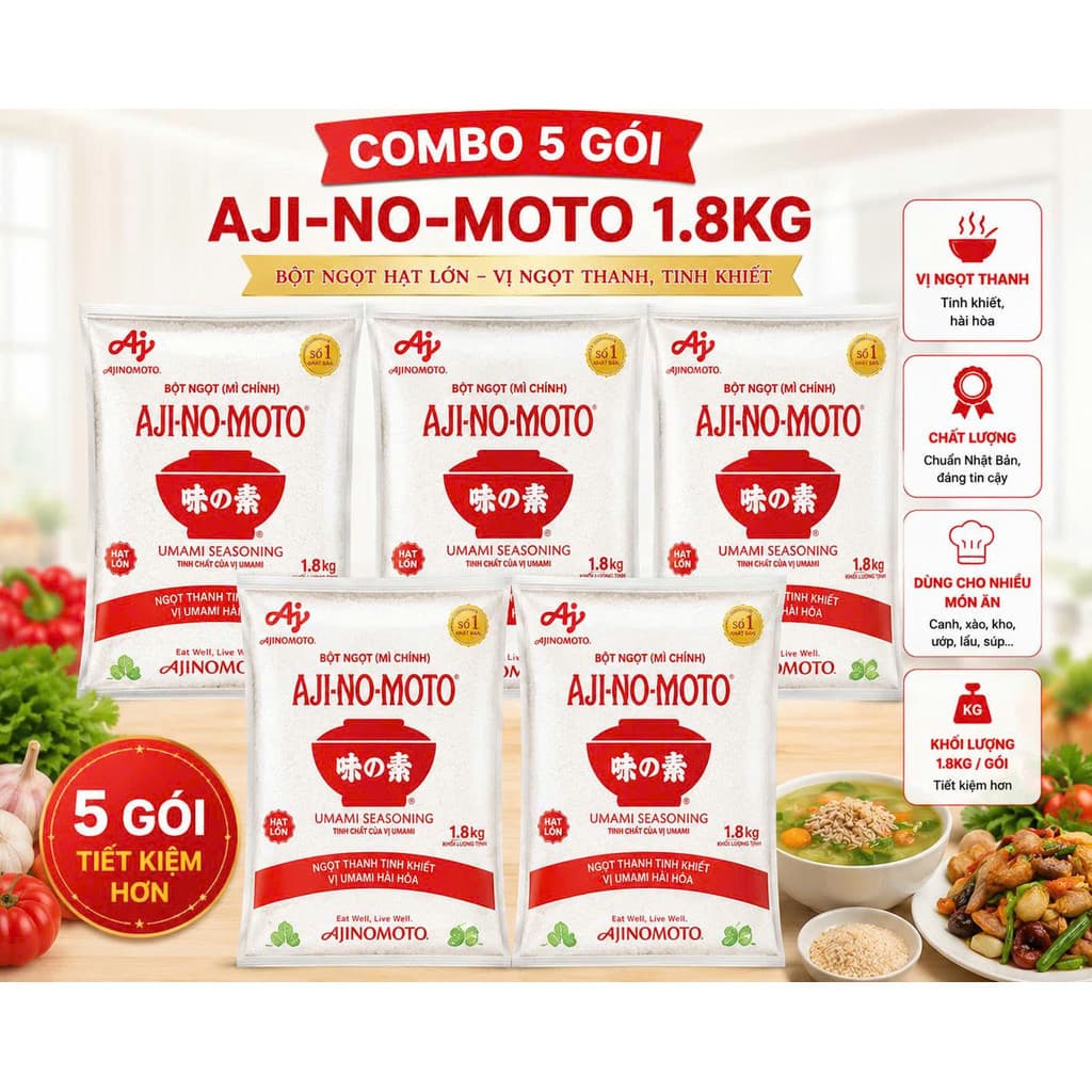 Chính Hãng Full VAT Combo 5 Gói Bột ngọt Ajinomoto 1.8 KG Hạt Lớn - Combo 5
