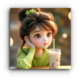 Decal Hình dán trang trí phòng ngủ, phòng khách, hình cô bé uống trà sữa mắt to, chống thấm nước. 2