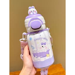 Bình giữ nhiệt đi học lõi inox dung tích 500ml hoạ tiết hoạt hình dễ thương có ống hút và quai dây đeo chéo tiện lợi 2