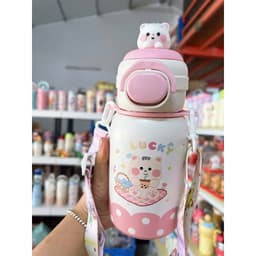 Bình giữ nhiệt đi học lõi inox dung tích 500ml hoạ tiết hoạt hình dễ thương có ống hút và quai dây đeo chéo tiện lợi 6