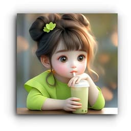 Decal Hình dán trang trí phòng ngủ, phòng khách, hình cô bé uống trà sữa mắt to, chống thấm nước. 3