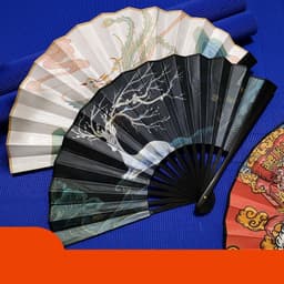 Quạt nan 28cm vải lụa cầm tay trang trí in hình phong cảnh 2