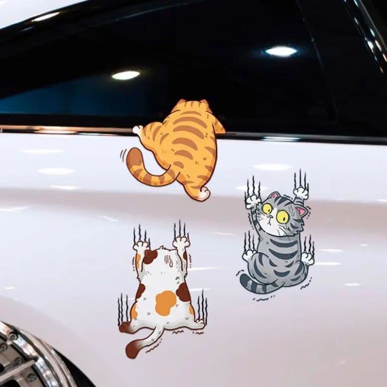 Decal Bộ 3 Miếng Sticker Hình Mèo Vui Nhộn Chống Thấm Nước