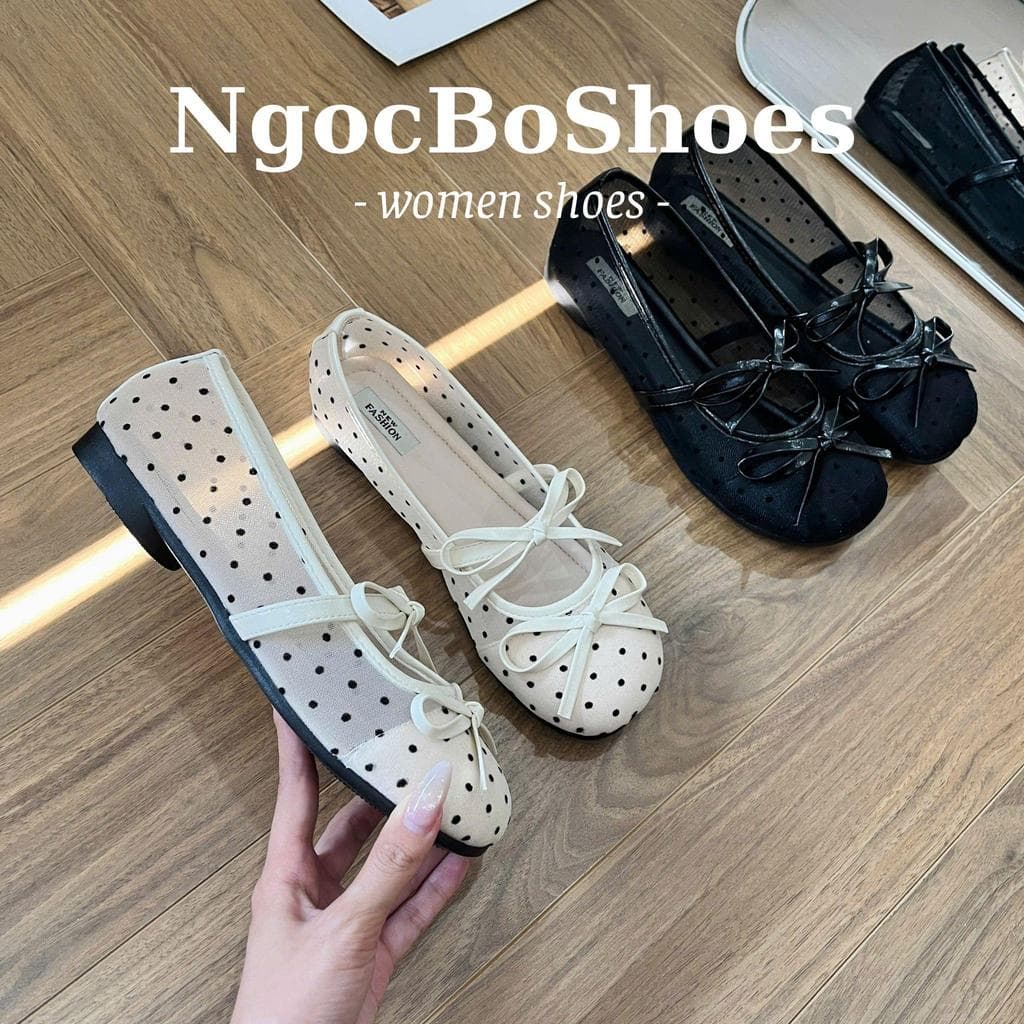 Giày Búp Bê - Giày Bệt Nữ Mary Jane Chấm Bi Phối Quai Nơ Thanh Lịch Nhẹ Nhàng - N0033-Sona