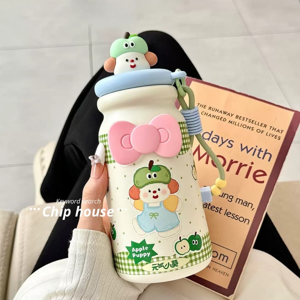 Bình giữ nhiệt học sinh 500ml nhỏ gọn cute, cốc giữ nhiệt APPLE PUPPY inox316 thiết kế ngộ nghĩnh cao cấp có dây đeo