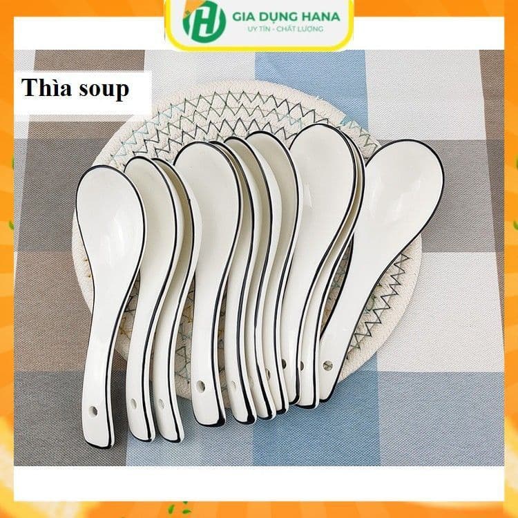 (SẴN) Muôi canh, thìa sứ kim cương trắng viền đen phong cách Bắc Âu - Muỗng vá sứ trắng cao cấp xuất khẩu