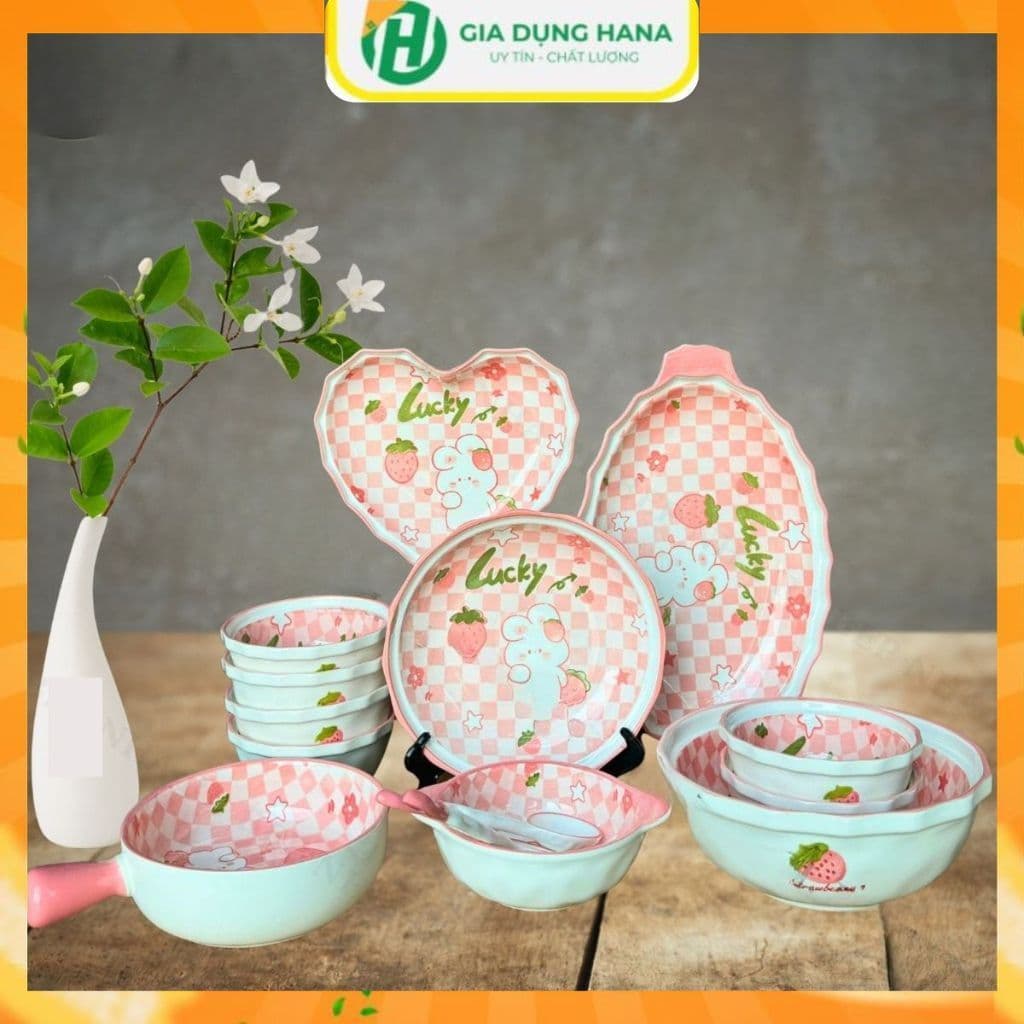 Bộ Bát Đĩa gốm sứ họa tiết Thỏ Hồng LUCKY - DỄ THƯƠNG DÀY DẶN