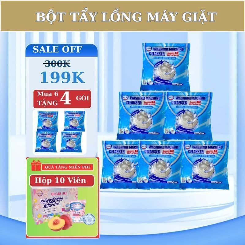 Combo Mua 6 Tặng 4 Gói Bột Vệ Sinh Lồng Máy Giặt Gochy - Tẩy lồng giặt, Làm sạch máy giặt, tặng kèm 10 viên sạch bồn cầu