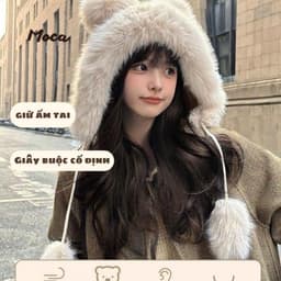 MOCA - Mũ Lông Giữ Ấm Tai Gấu Quả Bông Trùm Đầu Dễ Thương. Thời Trang Thu Đông Phong Cách Hàn Quốc (ML5) 3