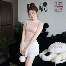Áo Thun Nữ Dáng Ôm Kẻ Sọc PINKSTORE29 Phối Viền Tay Cổ Kiểu Basic A51505 7