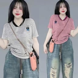 Áo Thun Nữ Cổ Tim Bigsize LIMO Áo Tay Ngắn Kẻ Sọc Đẹp Chất Thun Cotton Mềm Mịn Dễ Thương MS496 3