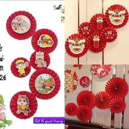 ( FREE SHIP) Sét 6 quạt giấy đỏ trang trí tết 2026, decor nhà cửa trường học tết nguyên đán 1
