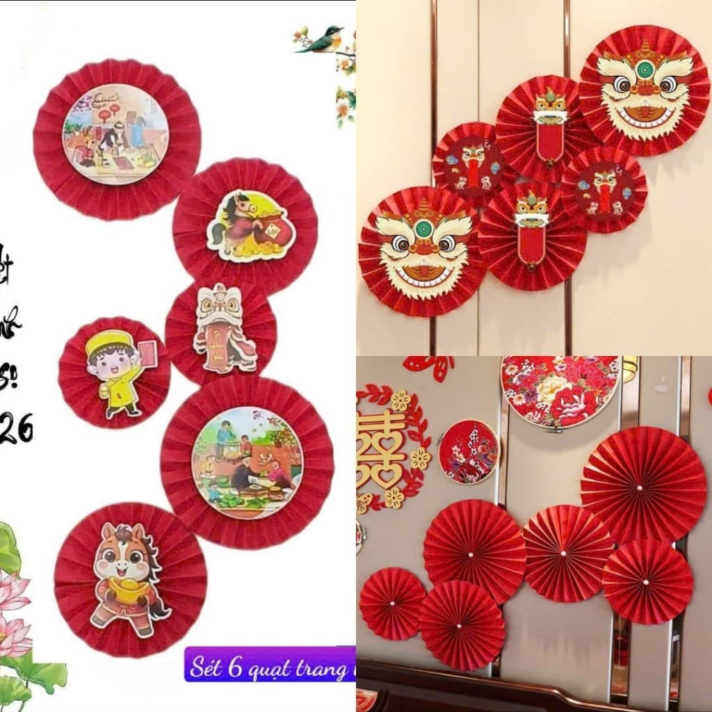 ( FREE SHIP) Sét 6 quạt giấy đỏ trang trí tết 2026, decor nhà cửa trường học tết nguyên đán