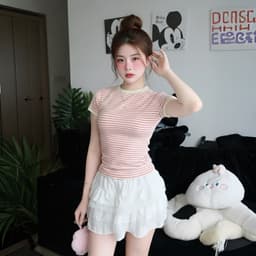 Áo Thun Nữ Dáng Ôm Kẻ Sọc PINKSTORE29 Phối Viền Tay Cổ Kiểu Basic A51505 4