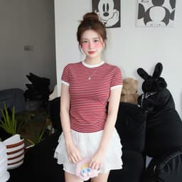 Áo Thun Nữ Dáng Ôm Kẻ Sọc PINKSTORE29 Phối Viền Tay Cổ Kiểu Basic A51505 8