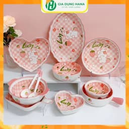 Bộ chén dĩa hoạ tiết Thỏ hồng Lucky  bát đĩa sứ Decor, Chén dĩa dễ thương, Bát ăn cơm 1