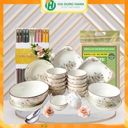 Set Bát Đĩa Gốm Sứ Họa Tiết Hoa Mộc Hương Tặng Kèm 2M Khăn xơ mướp và 5 đôi đĩa sợi thủy tinh 1