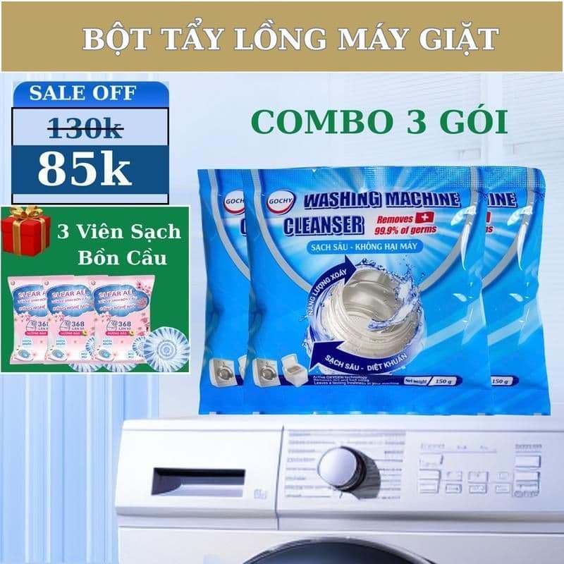 Combo 3 túi bột tẩy lồng giặt Gochy 150gr - tẩy lồng, vệ sinh máy giặt hiệu quả tặng kèm 3 viên sạch bồn cầu clean all