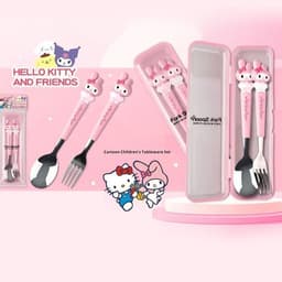 Hộp Sét 2 Thìa Dĩa Kuromi, Medley, Hello Kitty, Hot Hít Dễ Thương Cán Nhựa Chống Nóng Thìa Inox Cao Cấp Tiện Lợi Cho Bé 3