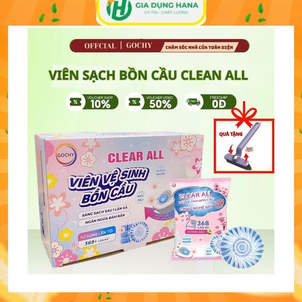 Gochy Viên Sạch Bồn Cầu Clean All 50g - Tẩy Mảng Bám Khử Mùi & Diệt Khuẩn - Tặng Chổi Cọ Đa Năng - 368 Lần Xả,Hương Đào