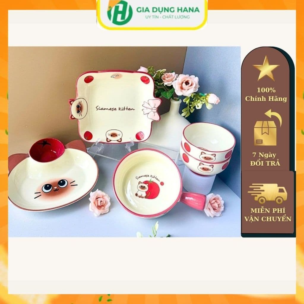 Set Bát Đĩa 5 Món Họa Tiết Mèo Đỏ May Mắn Chất Liệu Gốm Sứ Cao Cấp