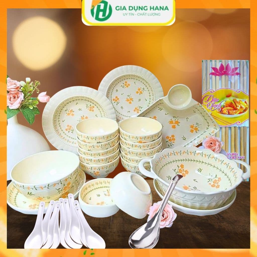 Bộ Bát Đĩa Gốm Sứ Họa Tiết Hoa Cúc Vàng - Hàng Loại 1 - Tượng Trưng cho sự trường thọ, phú quý và may mắn