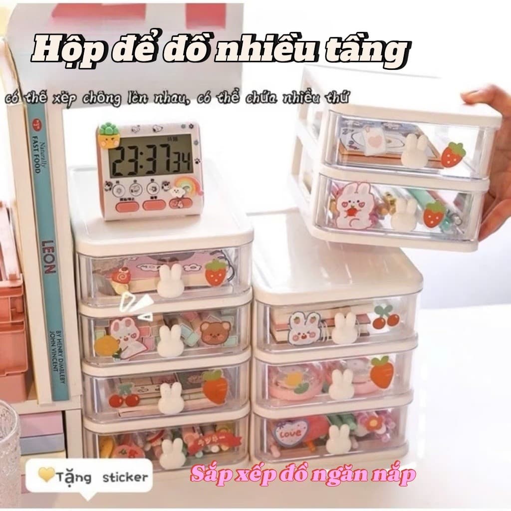 Hộp đựng đồ nhiều tầng, đựng văn phòng phẩm đồ lặt vặt đựng giấy bút cho bé có kèm sticker