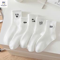 Combo 5- 10 Đôi Tất Trắng In Hình Icon Cảm Xúc Chất Liệu Cotton Mềm Mại Thấm Hút Mồ Hôi Tốt Phong Cách Trẻ Trung 3