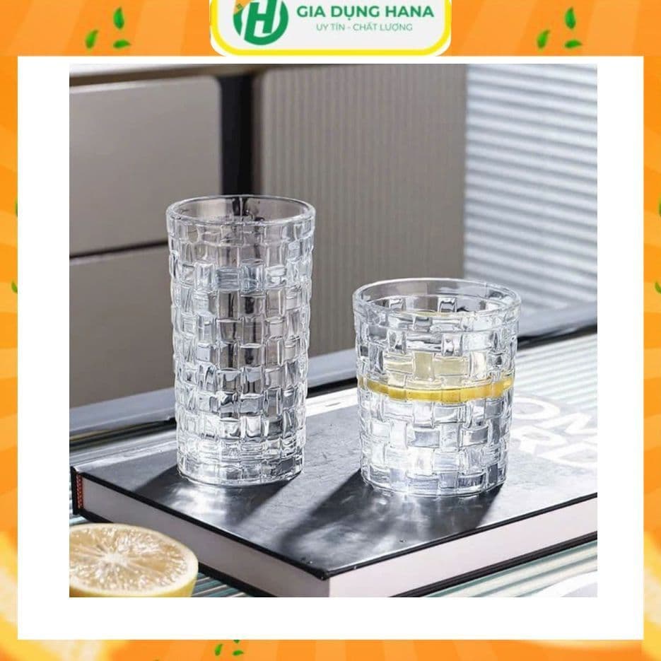 Cốc thủy tinh, ly trụ ống họa tiết kẻ ô, cốc dày dặn, trong veo, sáng bóng 2 size