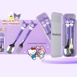 Hộp Sét 2 Thìa Dĩa Kuromi, Medley, Hello Kitty, Hot Hít Dễ Thương Cán Nhựa Chống Nóng Thìa Inox Cao Cấp Tiện Lợi Cho Bé 1