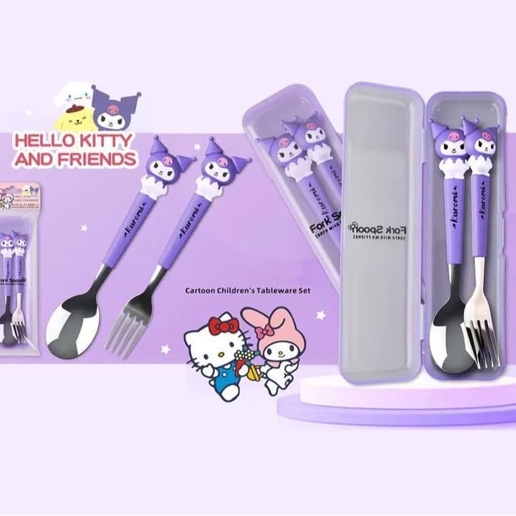 Hộp Sét 2 Thìa Dĩa Kuromi, Medley, Hello Kitty, Hot Hít Dễ Thương Cán Nhựa Chống Nóng Thìa Inox Cao Cấp Tiện Lợi Cho Bé
