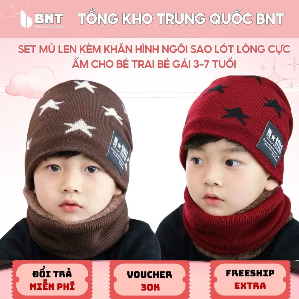 Set mũ len kèm khăn hình ngôi sao lót lông siêu ấm cho bé trai bé gái 3–7 tuổi mũ liền khăn chống gió thời trang