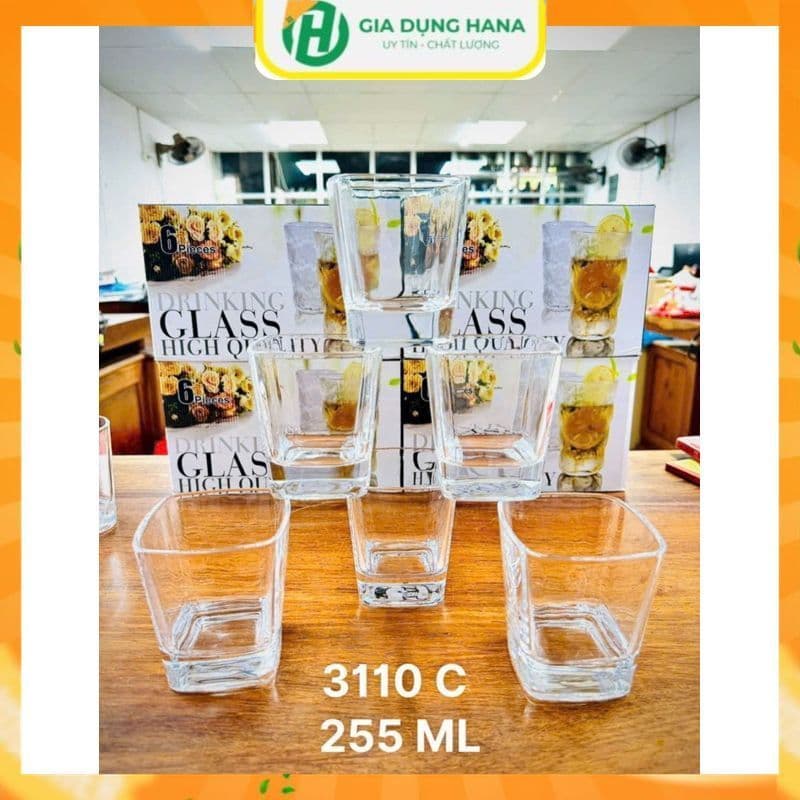 Bộ 6 Cốc Thủy Tinh đáy vuông lùn, Dung tích 255ml