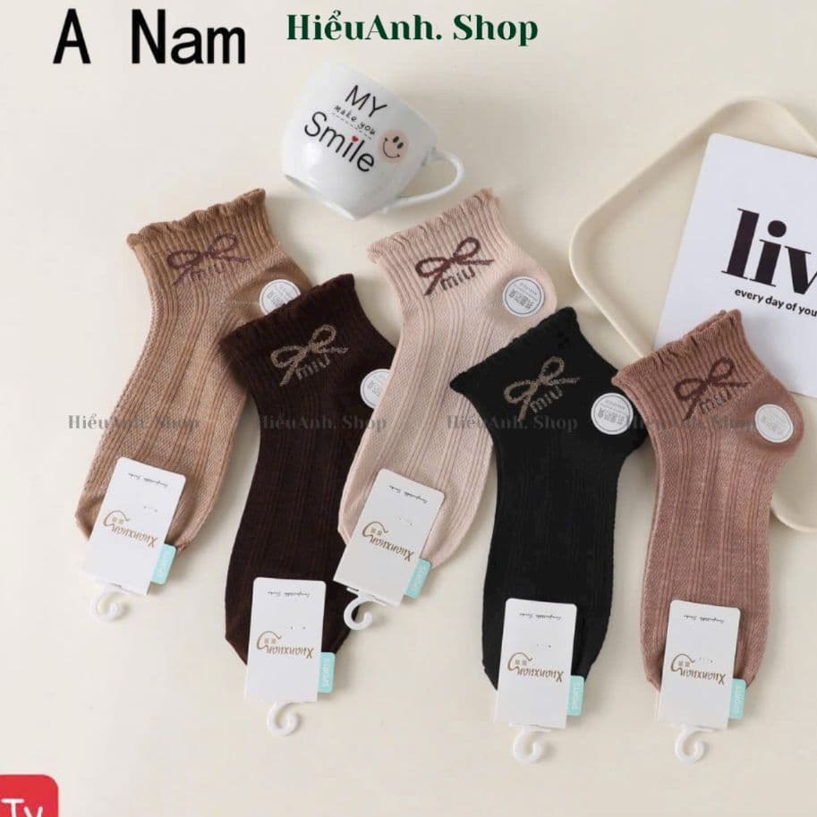 Set 10 đôi Tất cổ cao nữ họa tiết Nơ To Vớ cổ cao hình Nơ phong cách tông màu nâu chất đẹp co giãn tốt mẫu mới 2025