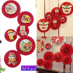 ( FREE SHIP) Sét 6 quạt giấy đỏ trang trí tết 2026, decor nhà cửa trường học tết nguyên đán 2