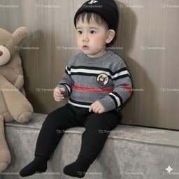 Bộ len hiệu kẻ đính gấu cho bé ấm áp mùa đông 5-13kg - Quần Áo 3