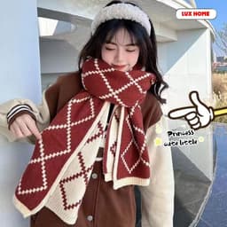 Khăn Quàng Cổ Len Dệt Kim PAMPER Họa Tiết Ô Trám Vintage Hàn Quốc Giữ Ấm Mùa Đông Dày Dặn Cao Cấp 7