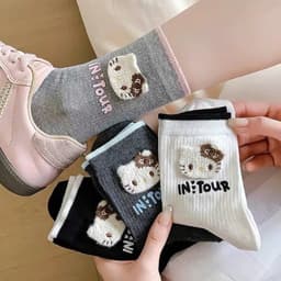 Set 10 Đôi Tất/ Vớ Hoạ Tiết Mèo Hello Kitty Viền Màu Cổ Cao Phong Cách Dễ Thương VINBEO 2
