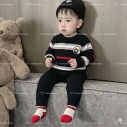 Bộ len hiệu kẻ đính gấu cho bé ấm áp mùa đông 5-13kg - Quần Áo 4