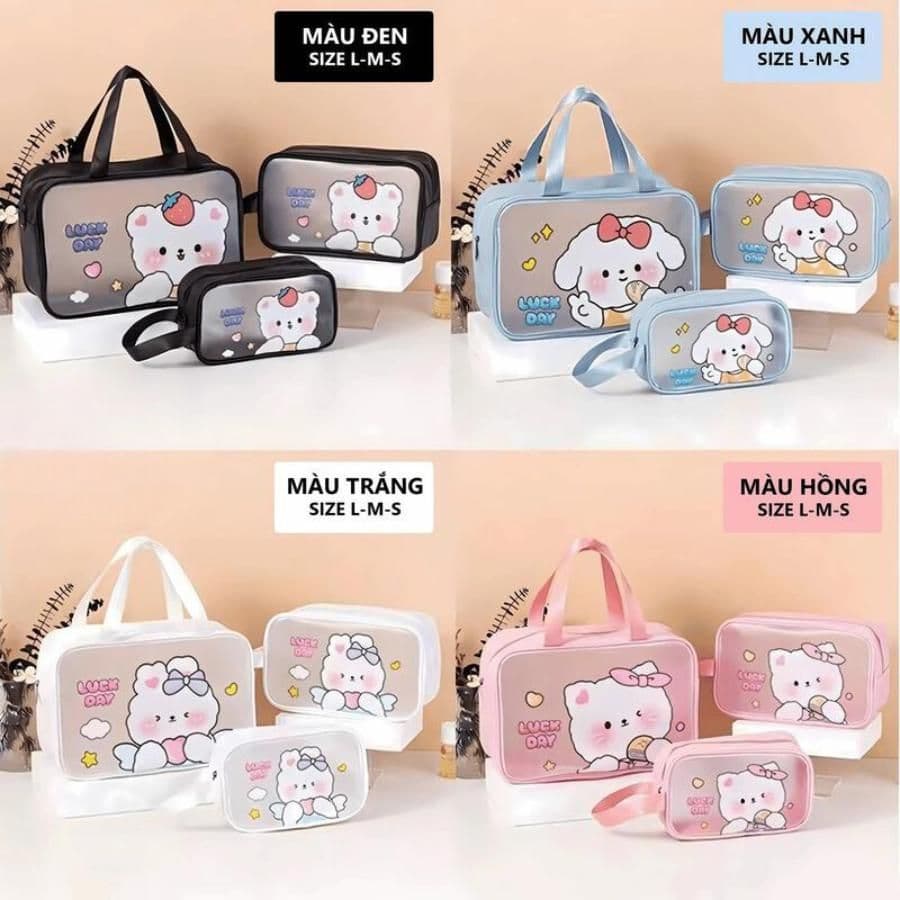 Set 3 Túi đựnġ Mỹ Phẩm Đồ Trang Điểm Du Lịch Chống Nước Họa Tiết Luck Day CuTe Dễ Thương