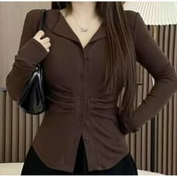 Áo Thun Nữ Tay Dài Cổ Bẻ Bigsize ESHOP Áo Thun Thiết Kế Cài Nút Thun Gân Tăm Co Giãn Thoải Mái MS535 3