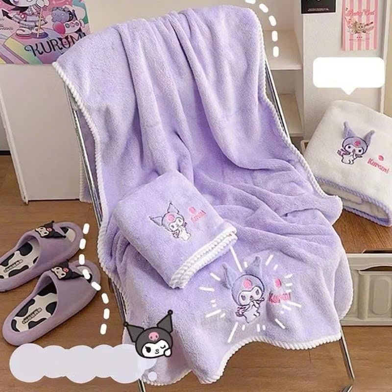 Sét 2 khăn tắm, khăn mặt Kuromi siêu Thấm Hút mềm mại Nhanh Khô khăn tắm loại giầy đẹp