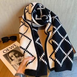 Khăn Quàng Cổ Len Dệt Kim PAMPER Họa Tiết Ô Trám Vintage Hàn Quốc Giữ Ấm Mùa Đông Dày Dặn Cao Cấp 2