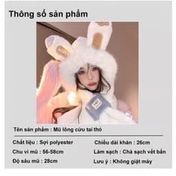 Mũ lông cừu nữ ''' Tai Thỏ'''🍀FREESHIP🍀 Nón len trùm đầu mùa đông kèm khăn quàng cổ giữ ấm thời trang 2
