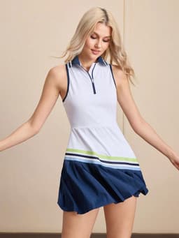 Váy Pickleball Nữ UYNSPORTY Không Tay Cổ Polo Khóa Kéo Phối Sọc Kèm Quần Shorts, Bộ Đồ Pickleball Nữ 6
