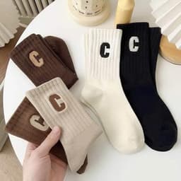 10 Đôi Tất Cổ Cao Nữ Họa Tiết Chữ C,Vỡ Cổ Cao Họa Tiết Chữ C Vải Cotton Mềm Mịn, co giãn thoáng khí VINBEO 1