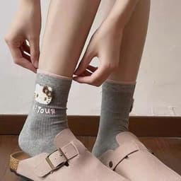 Set 10 Đôi Tất/ Vớ Hoạ Tiết Mèo Hello Kitty Viền Màu Cổ Cao Phong Cách Dễ Thương VINBEO 3